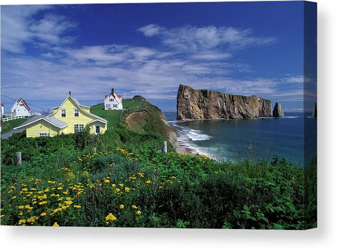 Water's Edge Canvas Print featuring the photograph Houses On The Coast Of Perce, Quebec by Laughingmango