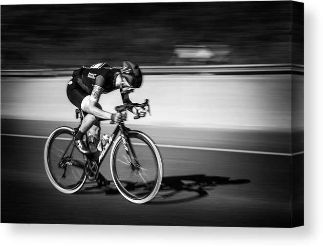 Riding?bike?sunrise?urban?action?bicycle?move?motion?fast Canvas Print featuring the photograph Hurtling Down The Street 2 by Steven Zhou