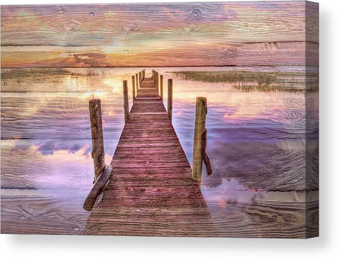 Clouds Canvas Print featuring the photograph Hush in the Morning with Wood Textures by Debra and Dave Vanderlaan