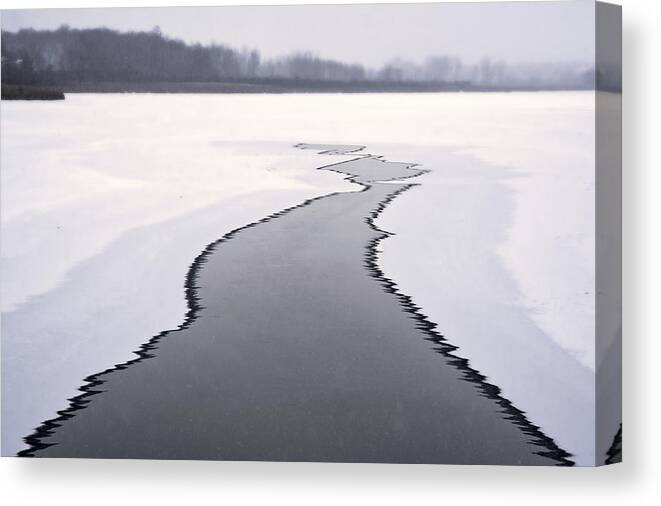 Yahara River Freeze Frozen Winter Snow Abstract Path Infinity Converging B&w Black And White Jagged Canvas Print featuring the photograph Icy Battle - Last remnant of unfrozen Yahara River in Stoughton WI by Peter Herman
