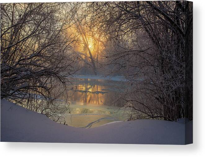 Yahara River Frigid Cold Snow Ice Blue Yellow Winter Frost Hoar Flowing Blue Sunrise Fog Mist Ominous Eery Wisconsin Wi Canvas Print featuring the photograph Frozen Silence #1 - Foggy sunrise on Yahara River near Stoughton WI off Stebbinsville road by Peter Herman