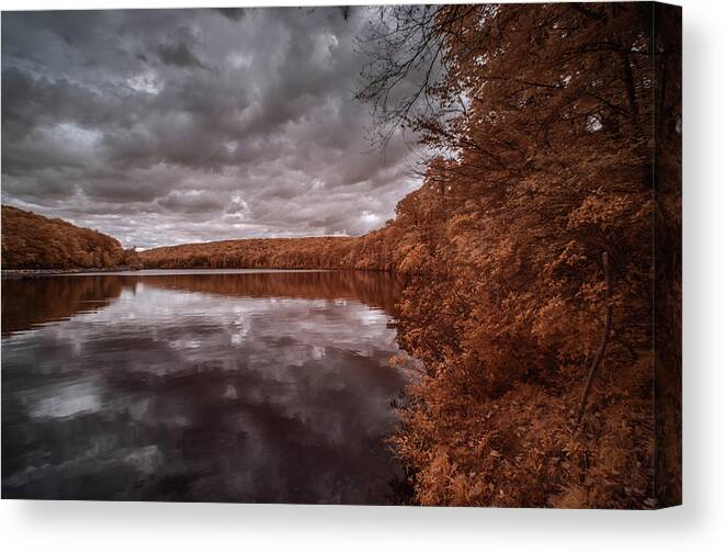 Infrared Canvas Print featuring the photograph Infrared view of a lake by Alan Goldberg
