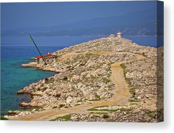 Silo Canvas Print featuring the photograph Island of Krk stone desert strand and Silo lighthouse view by Brch Photography