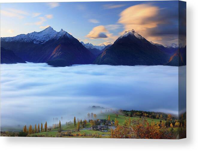 Estock Canvas Print featuring the digital art Italy, Aosta Valley, Alps, Aosta District, Saint-pierre, Autumn Dawn In Vetan, With The Aosta Valley Floor Covered In Clouds And The Grivola Mountain On The Left by Davide Carlo Cenadelli