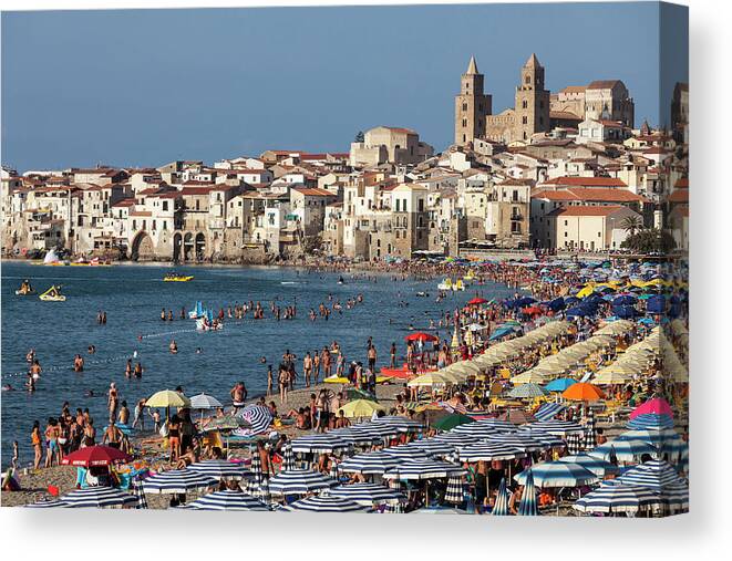 Sicily Canvas Print featuring the photograph Italy, Sicily. Cefalu. Bathers On The by Buena Vista Images