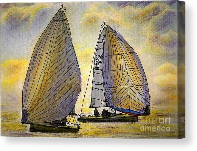 Sail Canvas Print featuring the painting J-70's in the Sunset by Randy Sprout