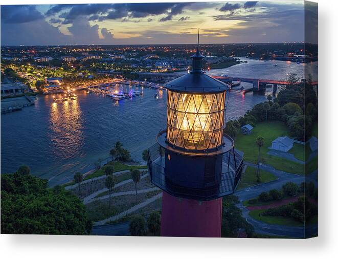 Jupiter Lighthouse Canvas Print featuring the photograph Jupiter Lighthouse Nightlife Waterway Aerial Photography by Kim Seng