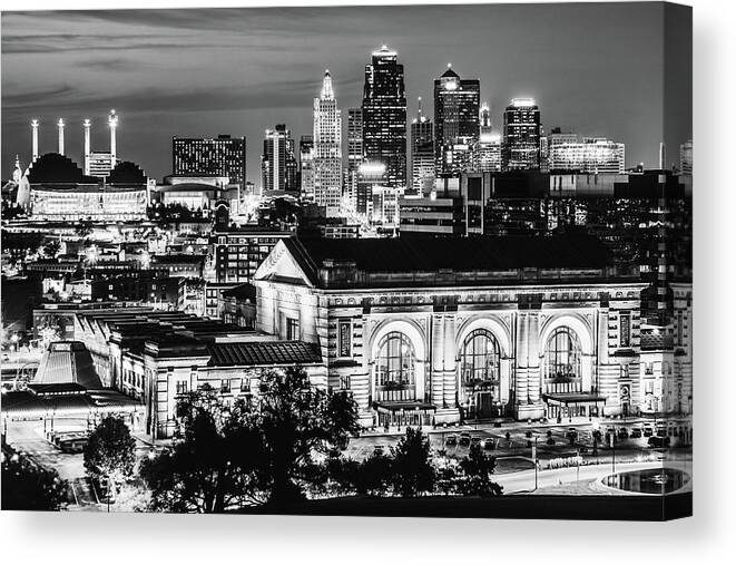 America Canvas Print featuring the photograph Kansas City Skyline Over Union Station - Black and White Edition by Gregory Ballos