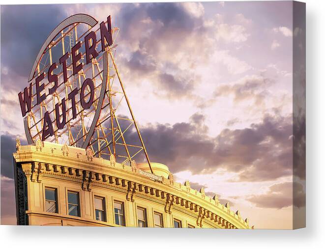 America Canvas Print featuring the photograph Kansas City Western Auto Neon Sign at Sunrise by Gregory Ballos