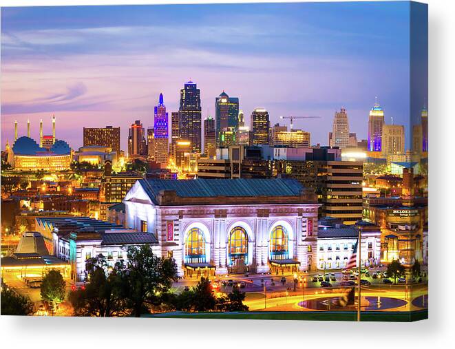 America Canvas Print featuring the photograph KC Skyline - Kansas City Downtown and Union Station by Gregory Ballos