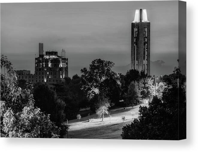 America Canvas Print featuring the photograph KU Campanile and The Oread Hotel - Lawrence Kansas Monochrome by Gregory Ballos