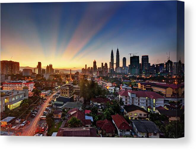 Outdoors Canvas Print featuring the photograph Kuala Lumpur In Colourful Lights by Tuah Roslan