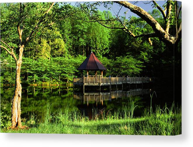 Lush Canvas Print featuring the photograph Lake and Gazebo on a Spring Afternoon by Steve Ember