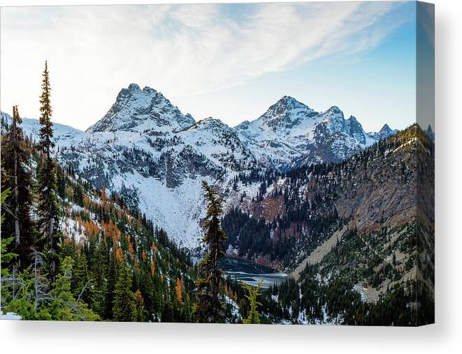 Outdoor; Fall Colors; Autumn; Larch; Golden; Color; Lake Ann; Maple Pass; Heather Pass; Maple Pass Loops; Mountains; Black Peak; Corteo Peak; Tree; North Cascade; Blue Lake; Washington Pass; Washington Beauty; Pacific North West Canvas Print featuring the digital art Lake Ann, WA by Michael Lee