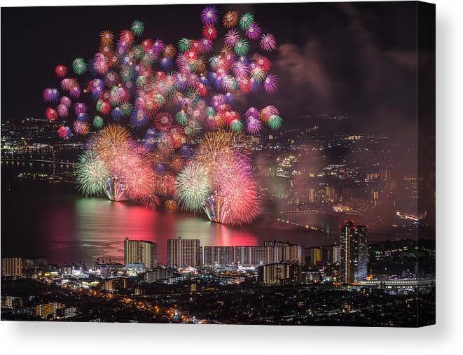Fireworks Canvas Print featuring the photograph Lake Biwa Fireworks by Tatsuki Ito