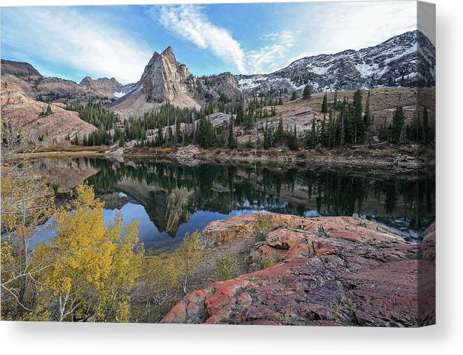 Utah; Landscape; Aspen; Autumn; Fall; Foliage; Granite; Yellow; Golden; Orange; Glow; Blue; Leaves; Wasatch Mountains; Little Cottonwood Canyon; Canvas Print featuring the photograph Lake Blanche and the Sundial - Big Cottonwood Canyon, Utah - October '06 by Brett Pelletier