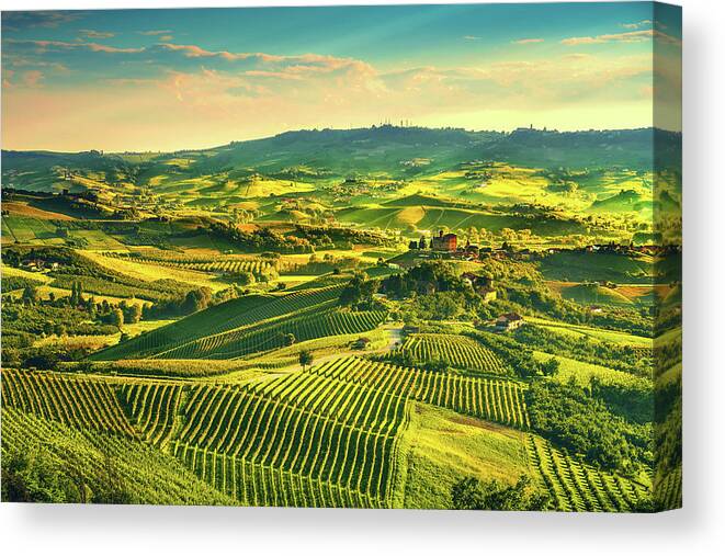 Vineyards Canvas Print featuring the photograph Langhe vineyards sunset panorama, Grinzane Covour, Piedmont, Ita by Stefano Orazzini