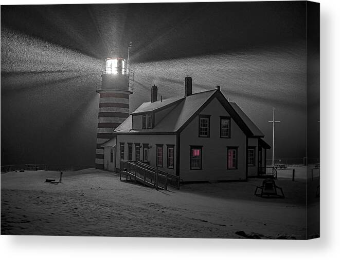 Late Night Snow Squall At West Quoddy Head Lighthouse Canvas Print featuring the photograph Late Night Snow Squall at West Quoddy Head Lighthouse by Marty Saccone