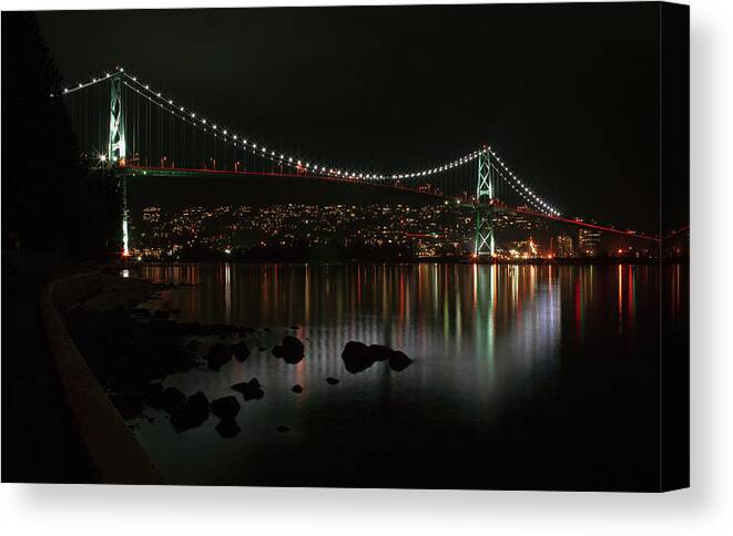 Night Photography Canvas Print featuring the photograph Lions Gate Bridge by Cameron Wood