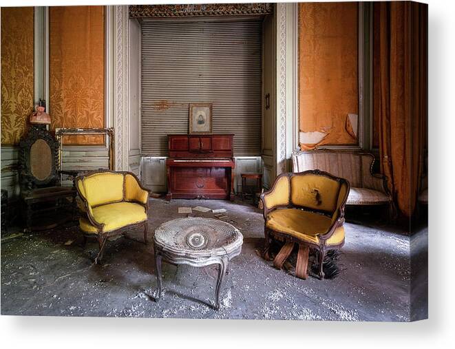 Urban Canvas Print featuring the photograph Living Room in Decay with Piano by Roman Robroek