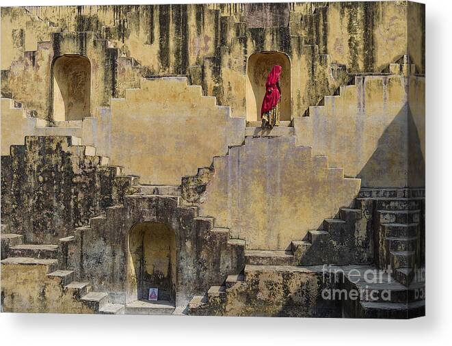 Stairs Canvas Print featuring the photograph Local Women Crossing The Stepwells by Muslianshah Masrie