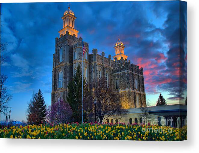 Logan Canvas Print featuring the photograph Logan Temple Pink Sunset by Adam Jewell