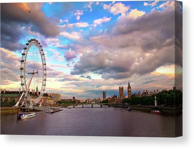 Outdoors Canvas Print featuring the photograph London Eye Evening by Arthit Somsakul