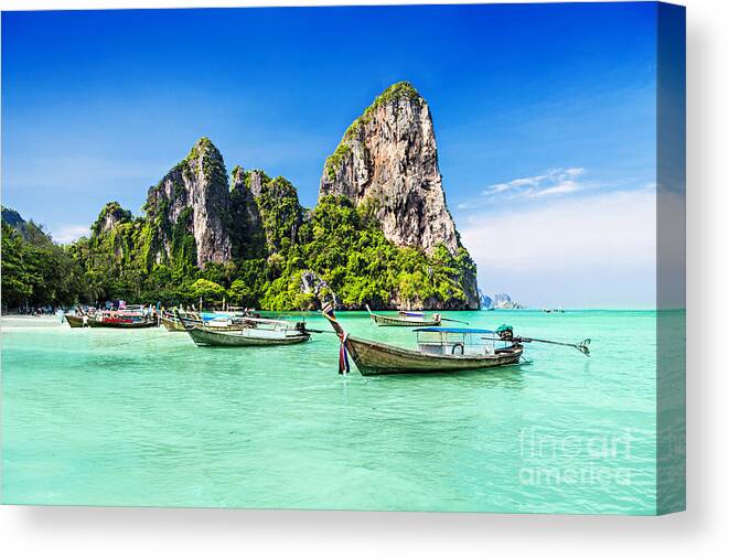 Andaman Canvas Print featuring the photograph Longtale Boats At The Beautiful Beach by Saiko3p