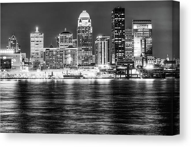 Louisville Skyline Canvas Print featuring the photograph Louisville Kentucky Skyline at Dusk - Black and White by Gregory Ballos