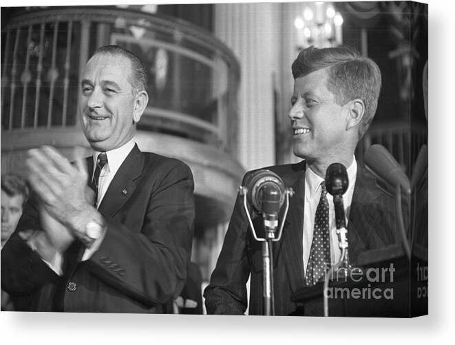People Canvas Print featuring the photograph Lyndon Johnson Clapping For John Kennedy by Bettmann