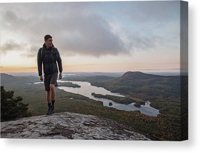Appalachian Trail Canvas Print featuring the photograph Male Hiker Walks Along Appalachian Trail With View At Sunrise In Maine by Cavan Images