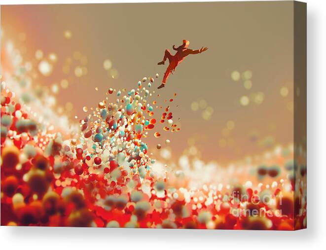 Play Canvas Print featuring the digital art Man Jumping Up From Lot Of Colorful by Tithi Luadthong