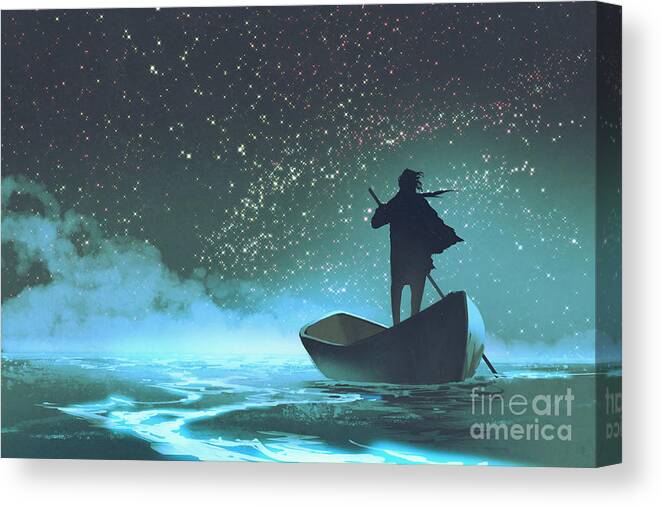 Scenery Canvas Print featuring the digital art Man Rowing A Boat In The Sea by Tithi Luadthong