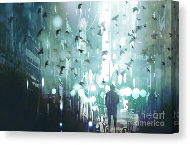 Flock Canvas Print featuring the digital art Man Walking In Abandoned City Alley by Tithi Luadthong