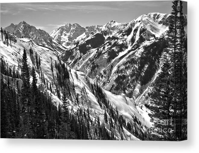 Maroon Bells Canvas Print featuring the photograph Maroon Bells Aspen Winter Black And White by Adam Jewell