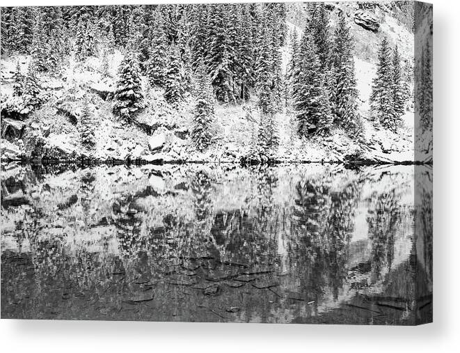 America Canvas Print featuring the photograph Maroon Lake Winter Reflections - Aspen Colorado Monochrome by Gregory Ballos