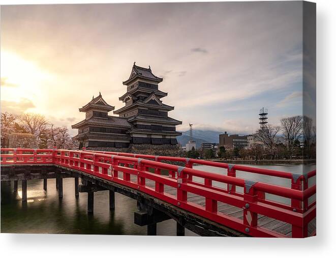 Landscape Canvas Print featuring the photograph Matsumoto Castle During Cherry Blossom by Prasit Rodphan
