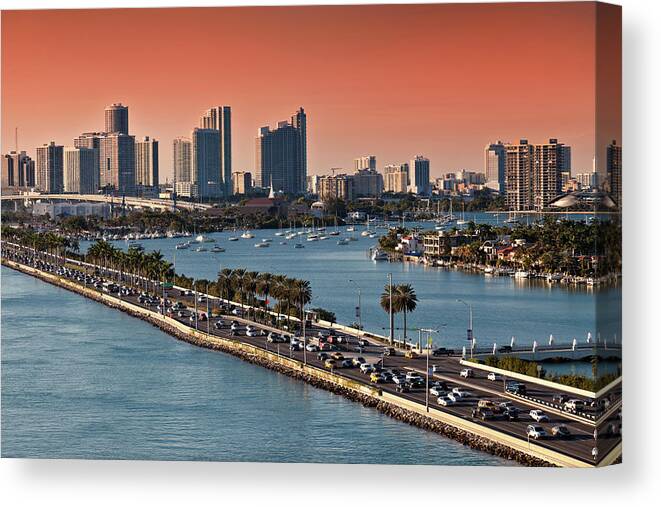 Apartment Canvas Print featuring the photograph Miami Florida Skyline At Sunset by Ishootphotosllc