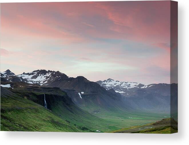 Waterfall Canvas Print featuring the photograph Midnight Sun in Iceland by Nicole Young