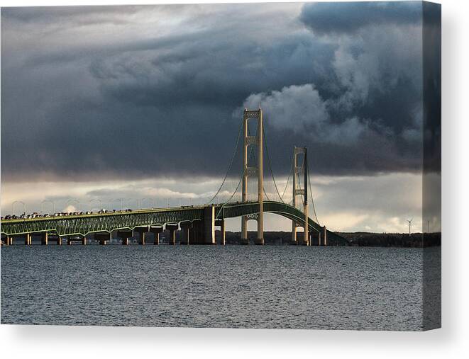 Mackinac Bridge Canvas Print featuring the photograph Mighty Mac over the Straits of Mackinac by Bill Swartwout