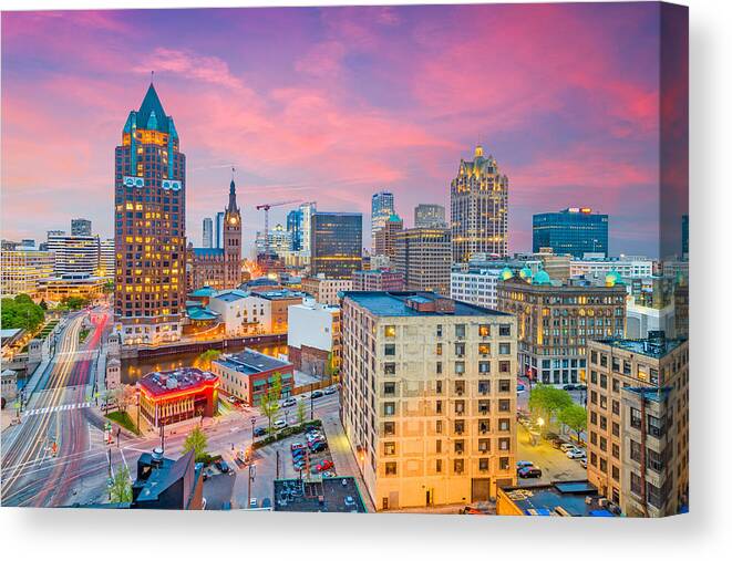 Landscape Canvas Print featuring the photograph Milwaukee, Wisconsin, Usa Downtown by Sean Pavone