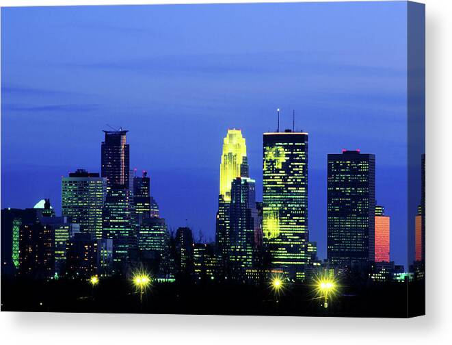Downtown District Canvas Print featuring the photograph Minneapolis, Minnesota Skyline by Lawrencesawyer