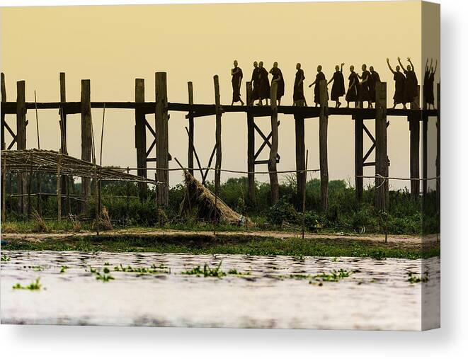 Tranquility Canvas Print featuring the photograph Monks Crossing Taungthaman Lake On U by Cultura Rm Exclusive/gary Latham