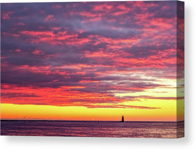 New Hampshire Canvas Print featuring the photograph Morning Fire Over Whaleback Light by Jeff Sinon