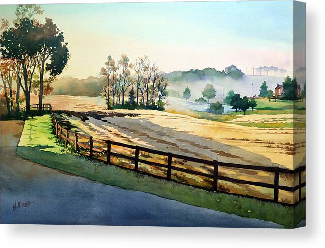 #landscape #watercolor #painting #farm #farmlife #watercolorpainting #morning #country #rural Canvas Print featuring the painting Morning Fog Rolls Away by Mick Williams