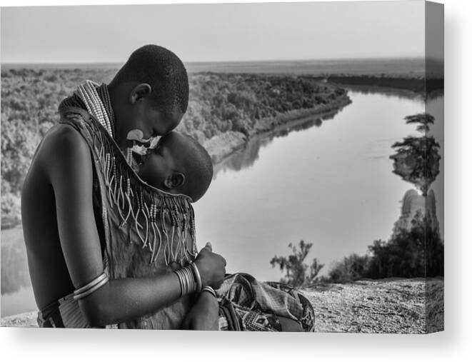 #people#documentary#life#rural#blackandwhite#ethiopia#nikon#portrait#black#white# Canvas Print featuring the photograph Mother And Child by Fethi Turgut