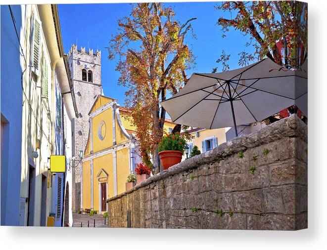 Motovun Canvas Print featuring the photograph Motovun. Old cobbled street and church in historic town of Motov by Brch Photography
