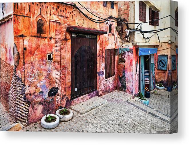 Morocco Canvas Print featuring the photograph Moulay Idriss Door and Painted Wall - Morocco by Stuart Litoff