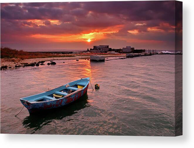 Bulgaria Canvas Print featuring the photograph Nature Bulgaria Blue Boat Sunrise by Mchen007