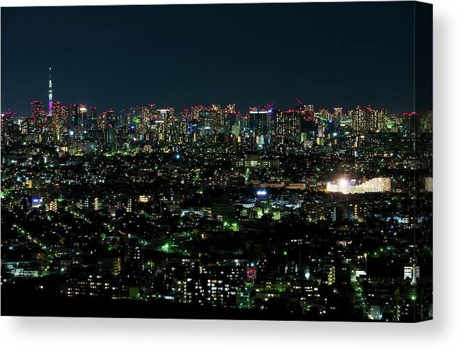 Tranquility Canvas Print featuring the photograph Neon Lights And Skyscrapers by Masakazu Ejiri